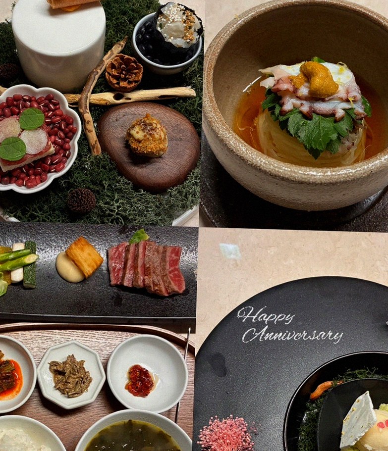 WOOARA Yeouido · the signature Hanwoo showing — marbled beef cuts and caviar presented in a display chest