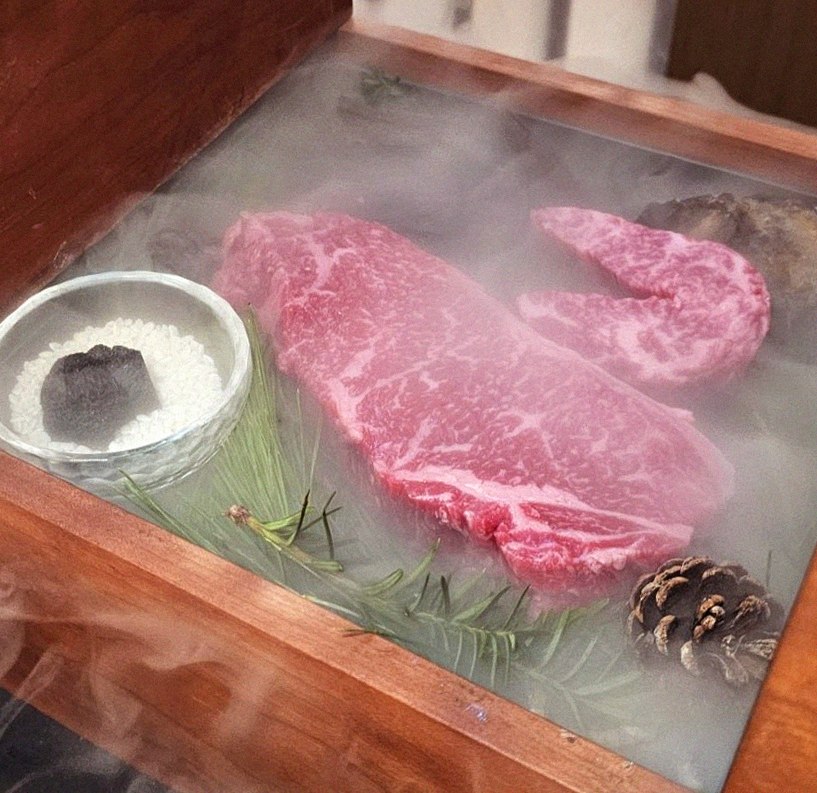 WOOARA Gwanghwamun · the signature Hanwoo showing — marbled beef cuts and caviar presented in a display chest