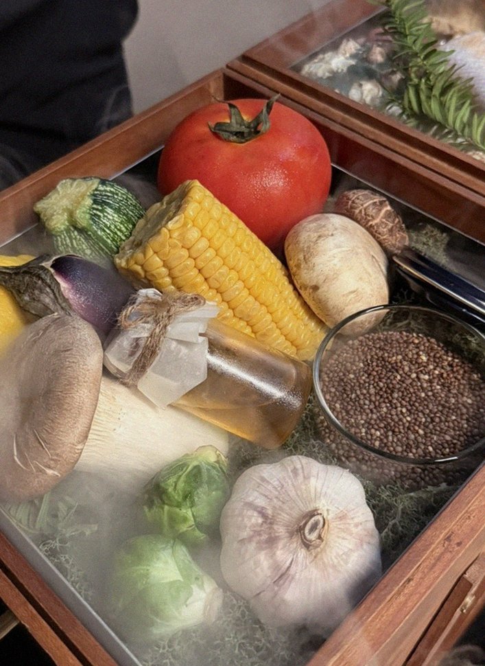 WOOARA Gwanghwamun · the signature Hanwoo showing — marbled beef cuts and caviar presented in a display chest