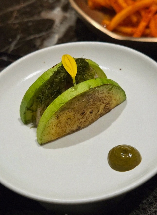 DAEBOJUNG City Hall · a plated course of Hanwoo beef