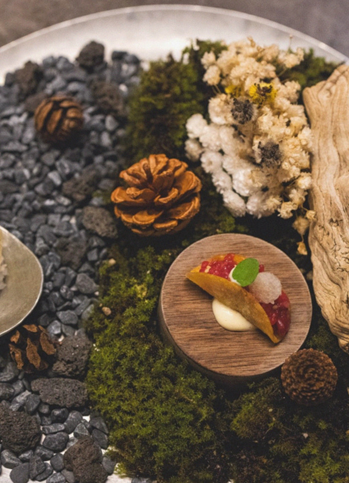GOWOOGA Yeouido · the signature Hanwoo showing — marbled beef cuts and caviar presented in a display chest