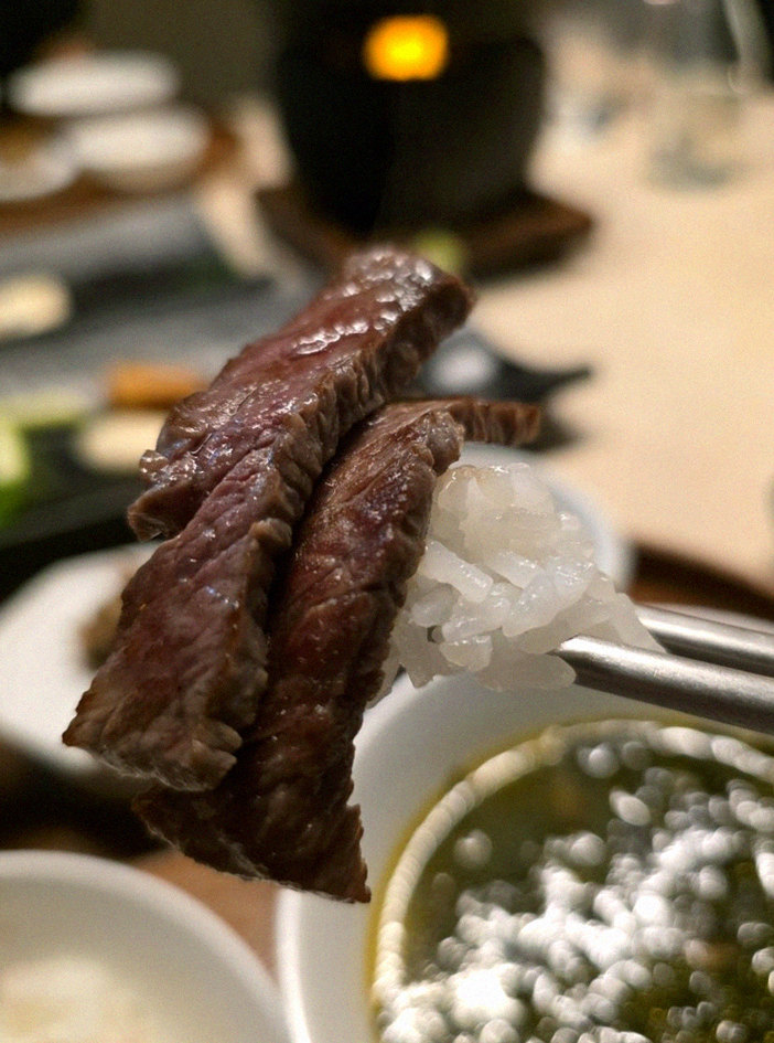 WOOARA Gwanghwamun · the signature Hanwoo showing — marbled beef cuts and caviar presented in a display chest