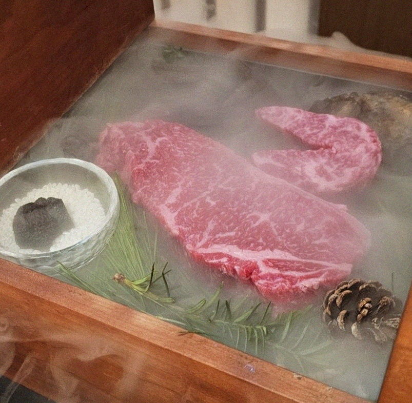 WOOARA Yeouido · the signature Hanwoo showing — marbled beef cuts and caviar presented in a display chest